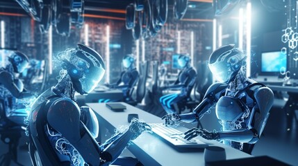 Obraz premium Ai chatbot scene with robots. Generative ai.