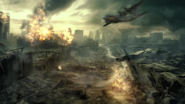 Apocalypse and depressing view of bombed out burning city. 3D dramatic video animation with cinematic effects.