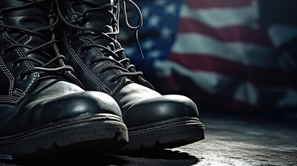 military combat boots with US flag in the background. Generative Ai