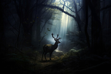 A noble deer standing between trees in a dark magical forest. Generative AI illustration.
