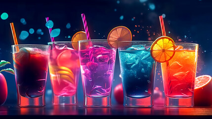 Multi-colored alcoholic cocktails at the bar, generative AI.