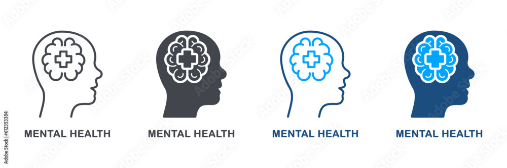 Wall mural mental health silhouette and line icon set. medical aid for humans with psychological disorder picto