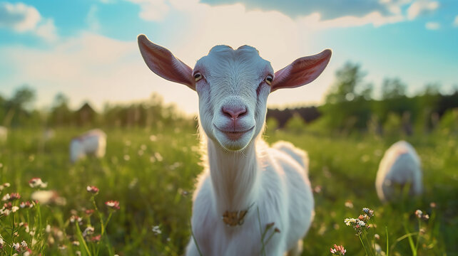 Close-up portrait of white adult goat grassing on green summer meadow field at village countryside. Generative Ai
