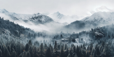 Snowy mountains clouded with mist
