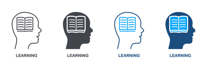 Learning, Education, Idea, Knowledge, Cognition, Wisdom Silhouette and Line Icon Set. Intelligent Brain Symbol Collection. Book in Human Head Pictogram. Isolated Vector Illustration