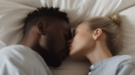 Interracial couple, kiss and relax on bed above for morning bonding, intimate relationship or love at home. Top view of woman kissing man while lying in bedroom for loving romance. 