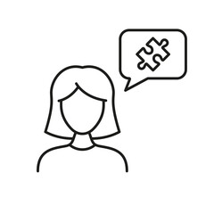 Woman and Puzzle Jigsaw in Speech Bubble Line Icon. Business Cooperation Linear Pictogram. Communication, Discussion, Dialog Outline Sign. Editable Stroke. Isolated Vector Illustration