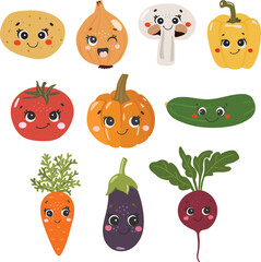 Cute vegetables set vector, Vegetables with face, Happy vegetables vector, Summer vegetables with eyes, Kids funny illustration