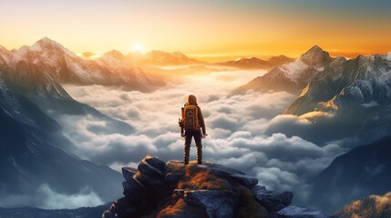 Fototapeta premium Realistic photo with a hiker looking the horizon. Generative ai.