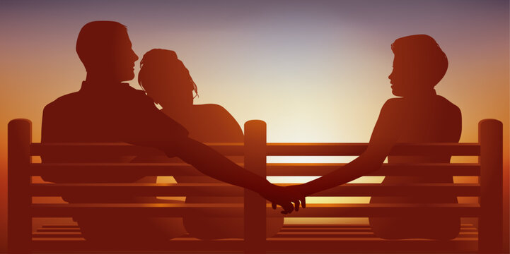 Concept de l&rsquo;infid&eacute;lit&eacute; dans les couples avec le symbole d&rsquo;un homme qui trompe sa femme et donnant discr&egrave;tement sa main &agrave; une autre.