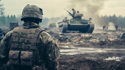 Fototapeta premium Tank on the background of a soldier. Generative AI