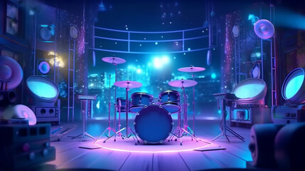 Fototapeta na wymiar Bright stage with drums. Generative AI