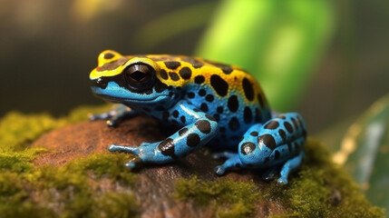 Fototapeta premium Bright poisonous frog on a stone. Generative AI