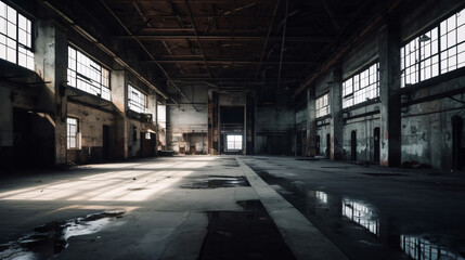 Abandoned factory hall. Generative AI.