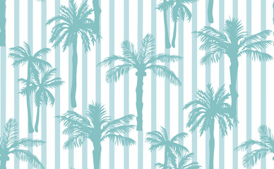 Beautiful exotic tropical summer pattern in blue and white with palm trees on lined background. Vector illustration.