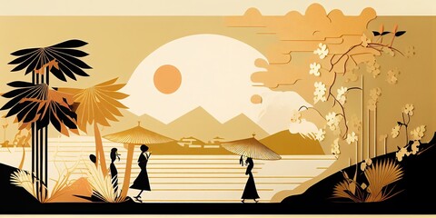 Sunset saying goodbye to the lonely summer of traditional Japanese ukiyo-e. Abstract, elegant and modern illustrations in calm colors.by AI generated.