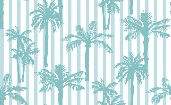 Beautiful exotic tropical summer pattern in blue and white with palm trees on lined background. Vector illustration.