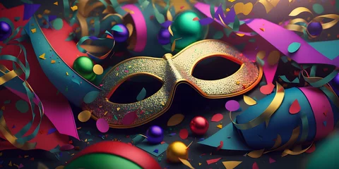 Fototapeten Classy color carnival party banner, elegant mask with decorations background. Generation AI © Adin