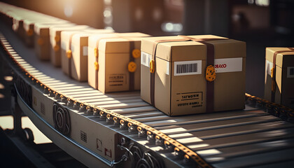 Modern logistics center, moving cardboard boxes on conveyor belt, sunset light. Generation AI.
