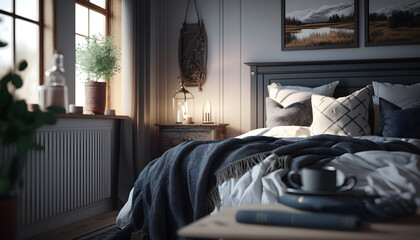 Modern Scandinavian bedroom, wooden bed in minimal interior. Generation AI