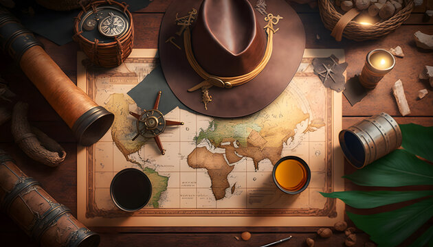 Pirate treasure map and compass, old captain hat on aged wooden table background. Concept sea travel, top view