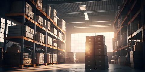 Concept banner center of logistic storage. Forklift with box working in Warehouse industrial premises for storing materials and wood. Generation AI