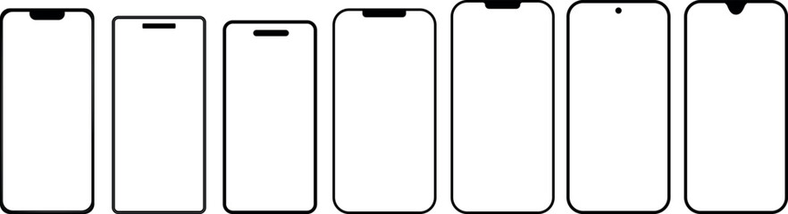 Realistic smartphones, different sizes and shapes, different colors and on a transparent background