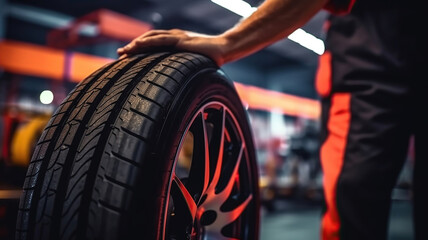 Closeup of mechanic hands pushing a black tire in the workshop. Generative Ai