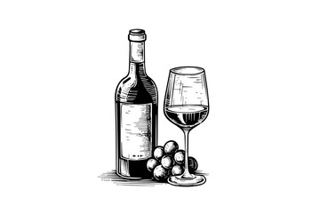 Wine bottle and glass of wine and grapes. Hand drawn engraving sketch style vector illustrations