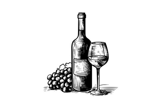 recommend clip art: Wine bottle and glass of wine and grapes. Hand drawn engraving sketch style vector illustrations