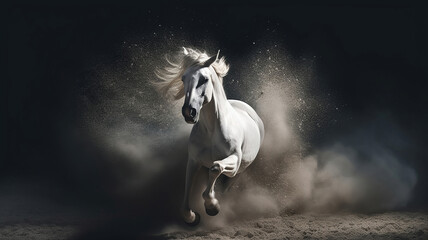 Fototapeta premium White horse run forward in dust on dark background. Generative Ai