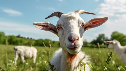 Close-up portrait of white adult goat grassing on green summer meadow field at village countryside. Generative Ai