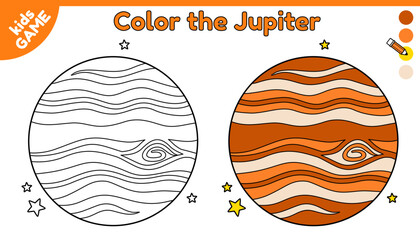 Page of coloring book for kids. Color cartoon the Jupiter in space. Outline planet of solar system. Activity for preschool and school children. Black and white and colorful illustration. Vector design © Alyona-Simona