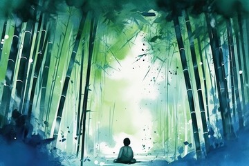 A tranquil bamboo forest watercolor illustration - Generative AI.