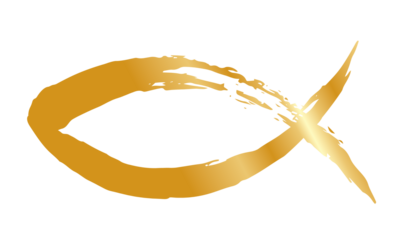 Golden fish symbol hand painted with ink brush, christian religious faith emblem, png isolated on transparent background.