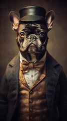 French Bulldog embodies elegance and refinement, dressed in dapper old money style clothes, exuding timeless sophistication and aristocratic flair. Generative AI.