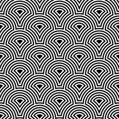 Japan traditional ethnic embroidery ornament with repeated scallops. Fish scale. Repeat scallop background. Seamless surface pattern design with scales. Ancient japanese sashiko uroko motif. Squama.