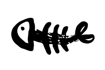 Fish bone skeleton hand painted with ink brush stroke. Png clipart isolated on transparent...