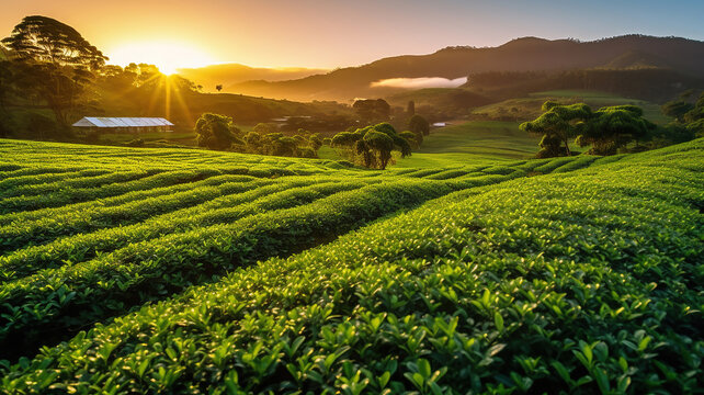 Tea plantation landscape at sunrise. Generative Ai