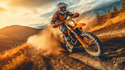 Naklejka na ściany i meble Motocross racer accelerating in dirt track. Generative Ai
