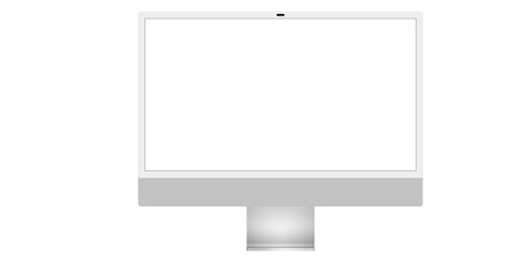 Slovakia, Bratislava, April 28, 2023, The concept of the new 24-inch iMac in gray with a dynamic island. Mockup of a candy bar computer in gray. m1, m2.Mockup of computer with a blank white screen - obrazy, fototapety, plakaty