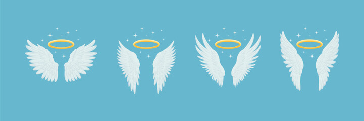 Vector White Angel Wing with Hole, Nimbus Icon Set. Vintage Angel Wings, Icons, Design Template, Clipart Collection. Cupid, Bird Wings. Vector illustration