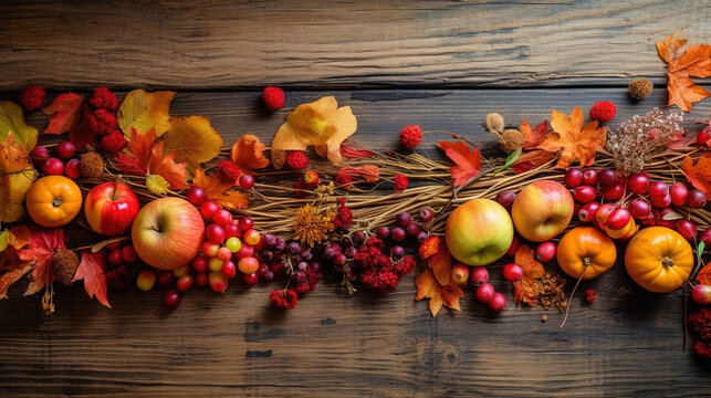 Thanksgiving background with autumn dried flowers, pumpkins and fall leaves on the old wooden background. Thanksgiving background with seasonal berries and fruits
