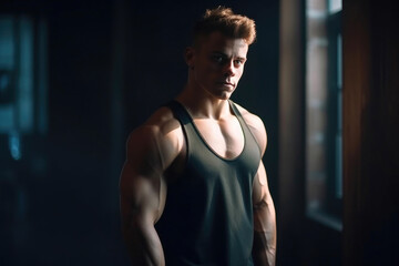 Fototapeta na wymiar Strength in Motion: Muscular Male Model Embracing Sport Bodybuilding. Generative AI
