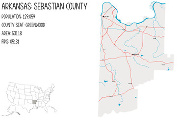 Large and detailed map of Sebastian County in Arkansas, USA.