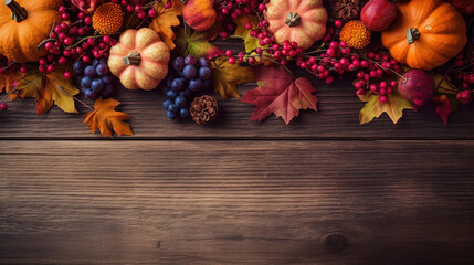 Naklejka na ściany i meble Thanksgiving background with autumn dried flowers, pumpkins and fall leaves on the old wooden background. Thanksgiving background with seasonal berries and fruits