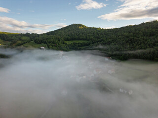 Naklejka na ściany i meble Mountain village under the fog. Aria, Aezkoa Valley. Pyrenees