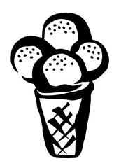 Ice Cream in a waffle cone drawing hand painted with ink brush. Png clipart isolated on transparent...