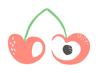 Two cherries, drawing hand painted with ink brush. Png clipart isolated on transparent background