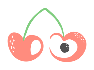 Two cherries, drawing hand painted with ink brush. Png clipart isolated on transparent background